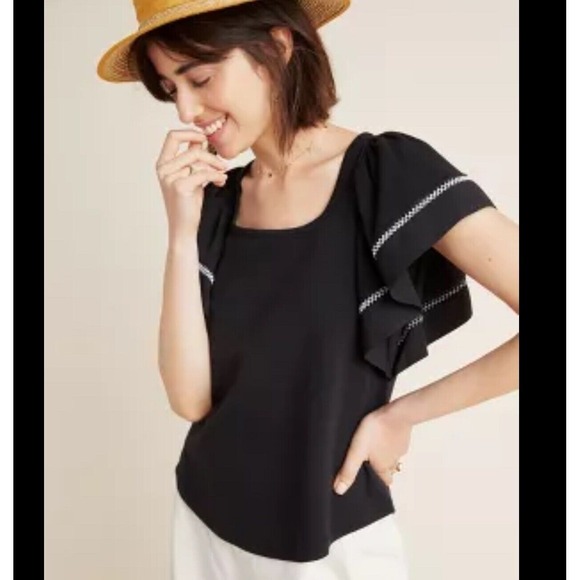 Anthropologie x Maeve Sherman Puff Sleeve Lattice Trim Square Neck Top‎ Size SM - Picture 1 of 6